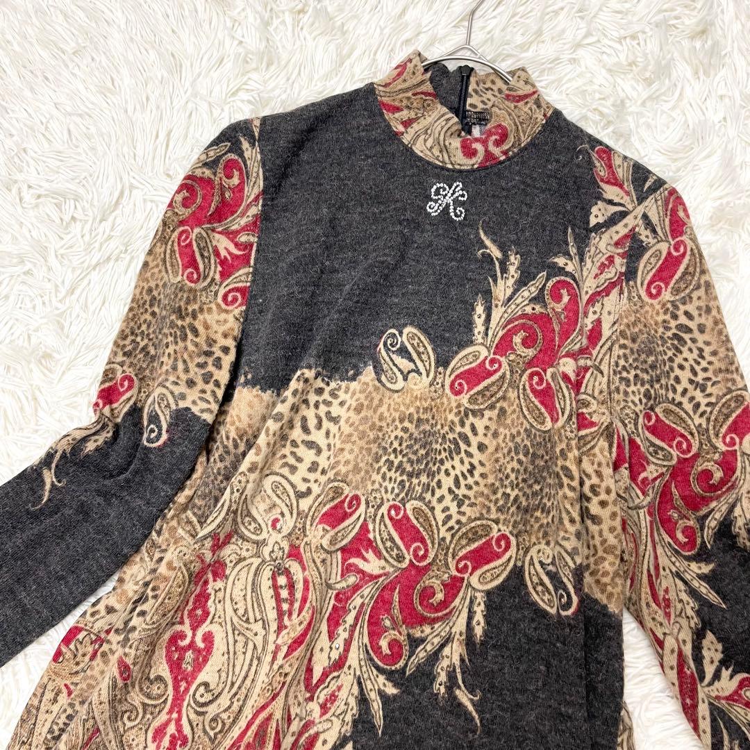 伊太利屋 ヒョウ柄 ペイズリー ニットロングチュニック ハイネック 大きいサイズ