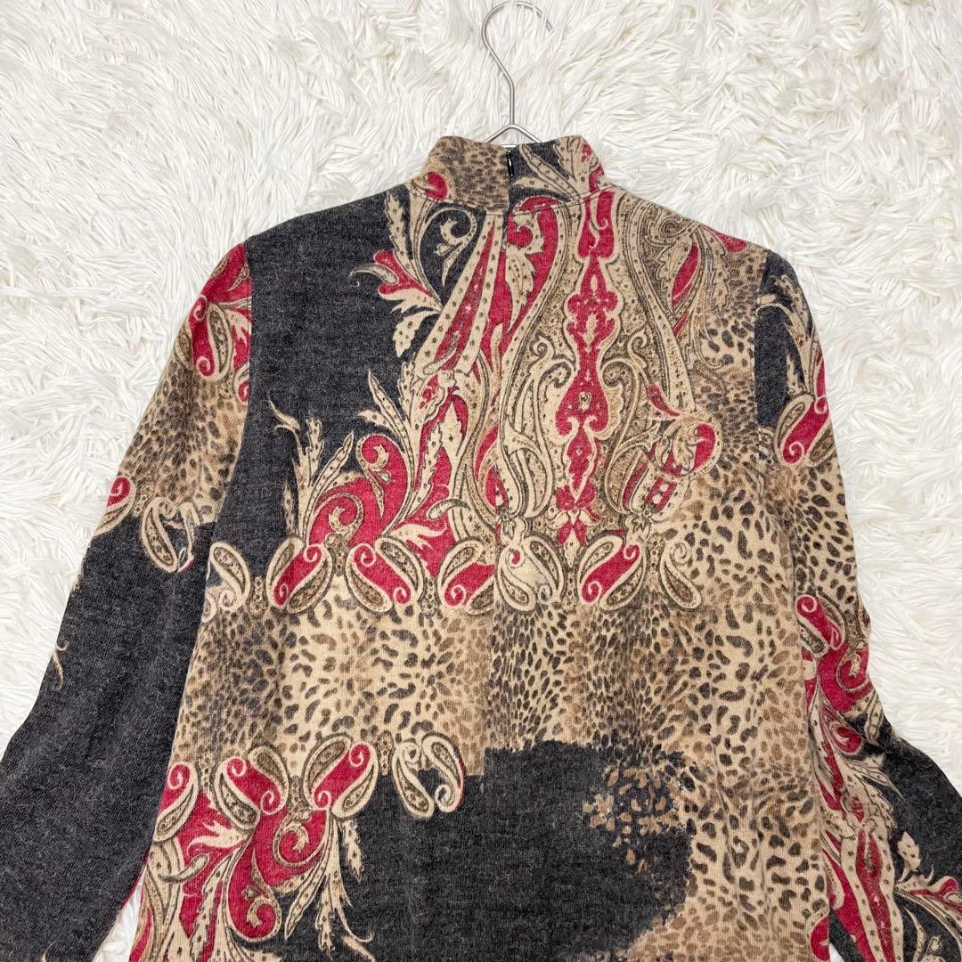 伊太利屋 ヒョウ柄 ペイズリー ニットロングチュニック ハイネック 大きいサイズ