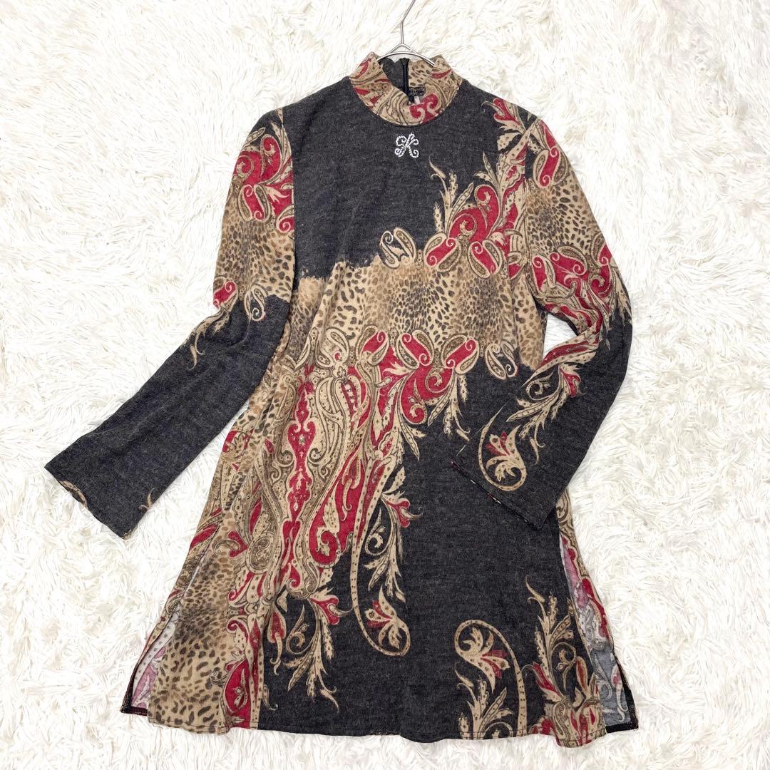 伊太利屋 ヒョウ柄 ペイズリー ニットロングチュニック ハイネック 大きいサイズ