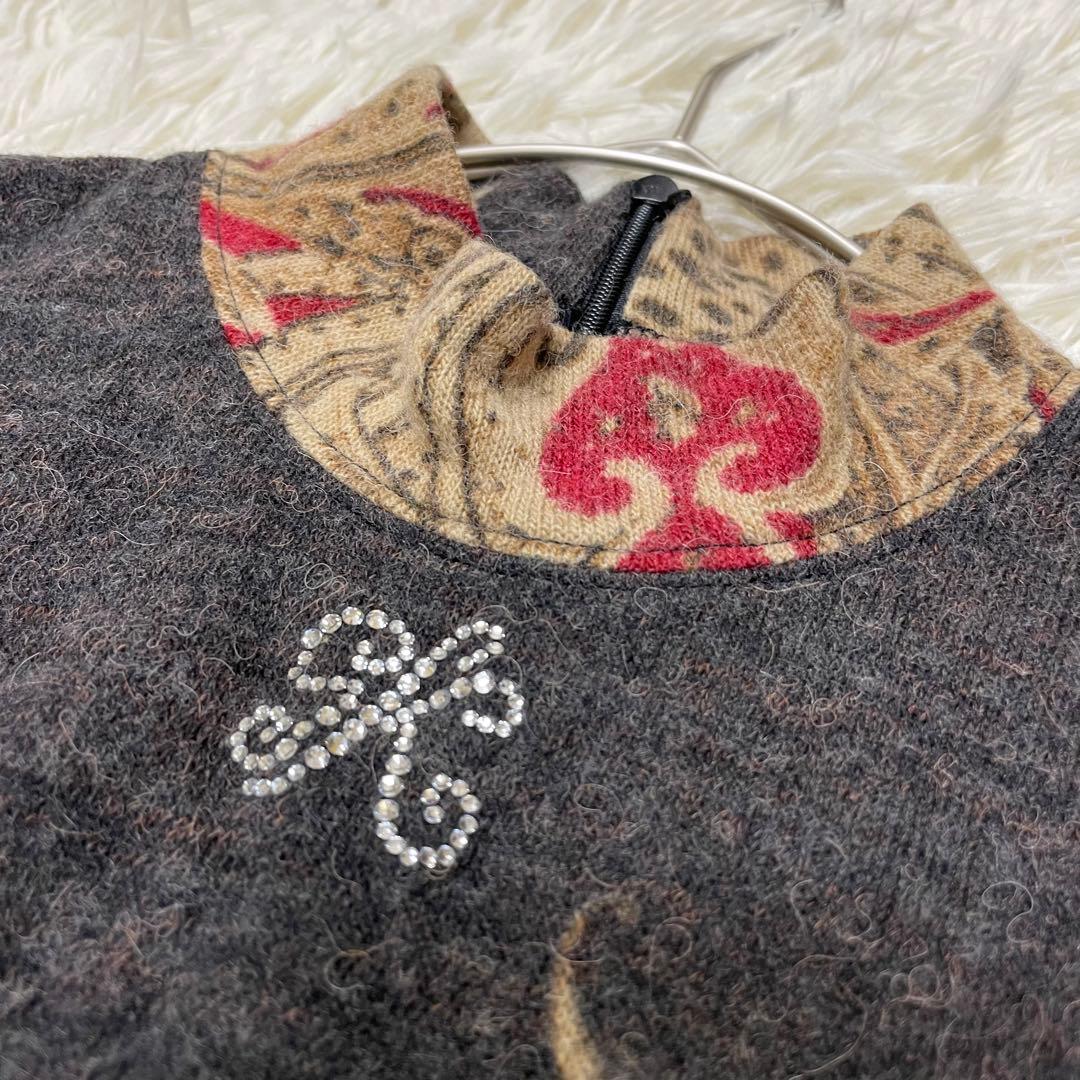 伊太利屋 ヒョウ柄 ペイズリー ニットロングチュニック ハイネック 大きいサイズ