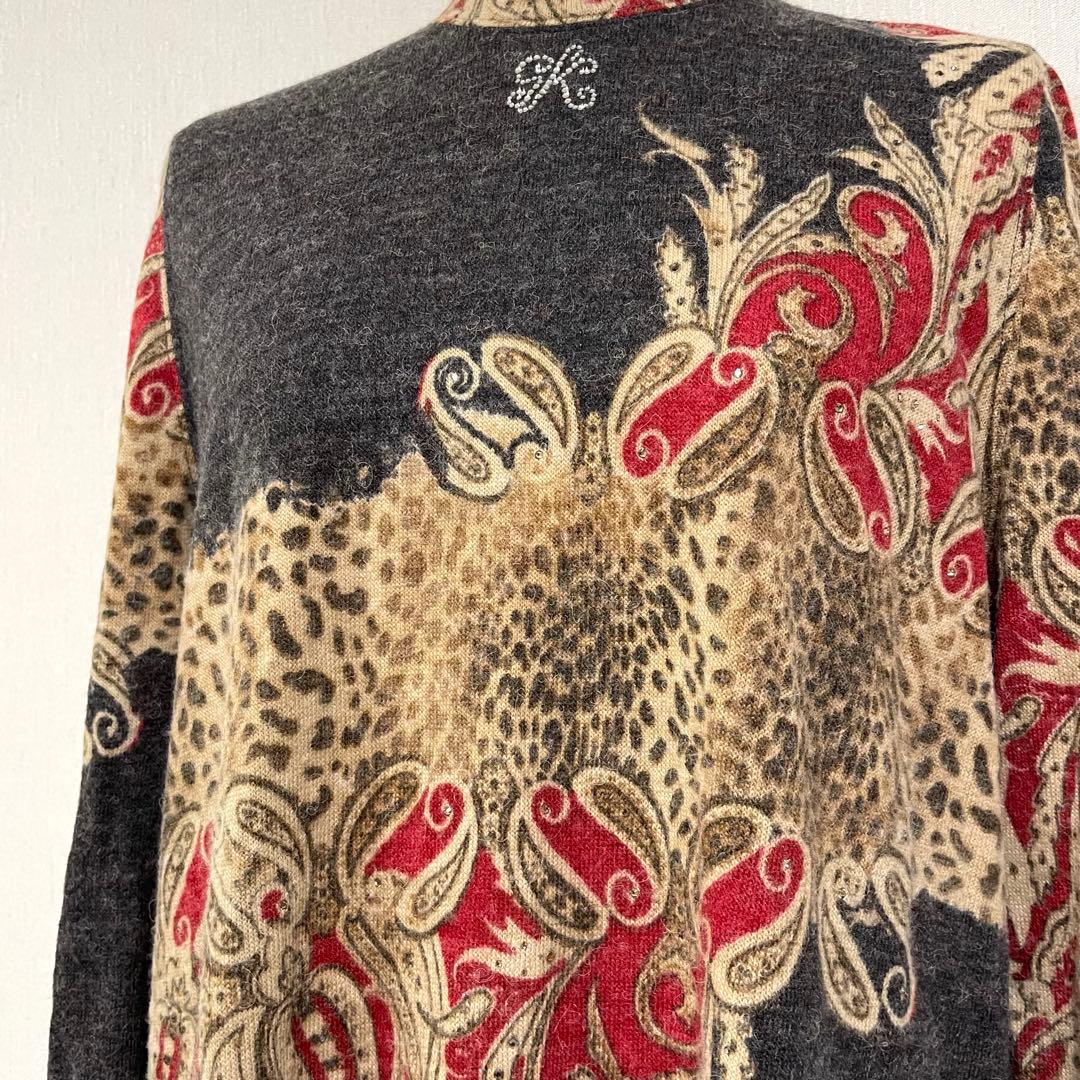伊太利屋 ヒョウ柄 ペイズリー ニットロングチュニック ハイネック 大きいサイズ