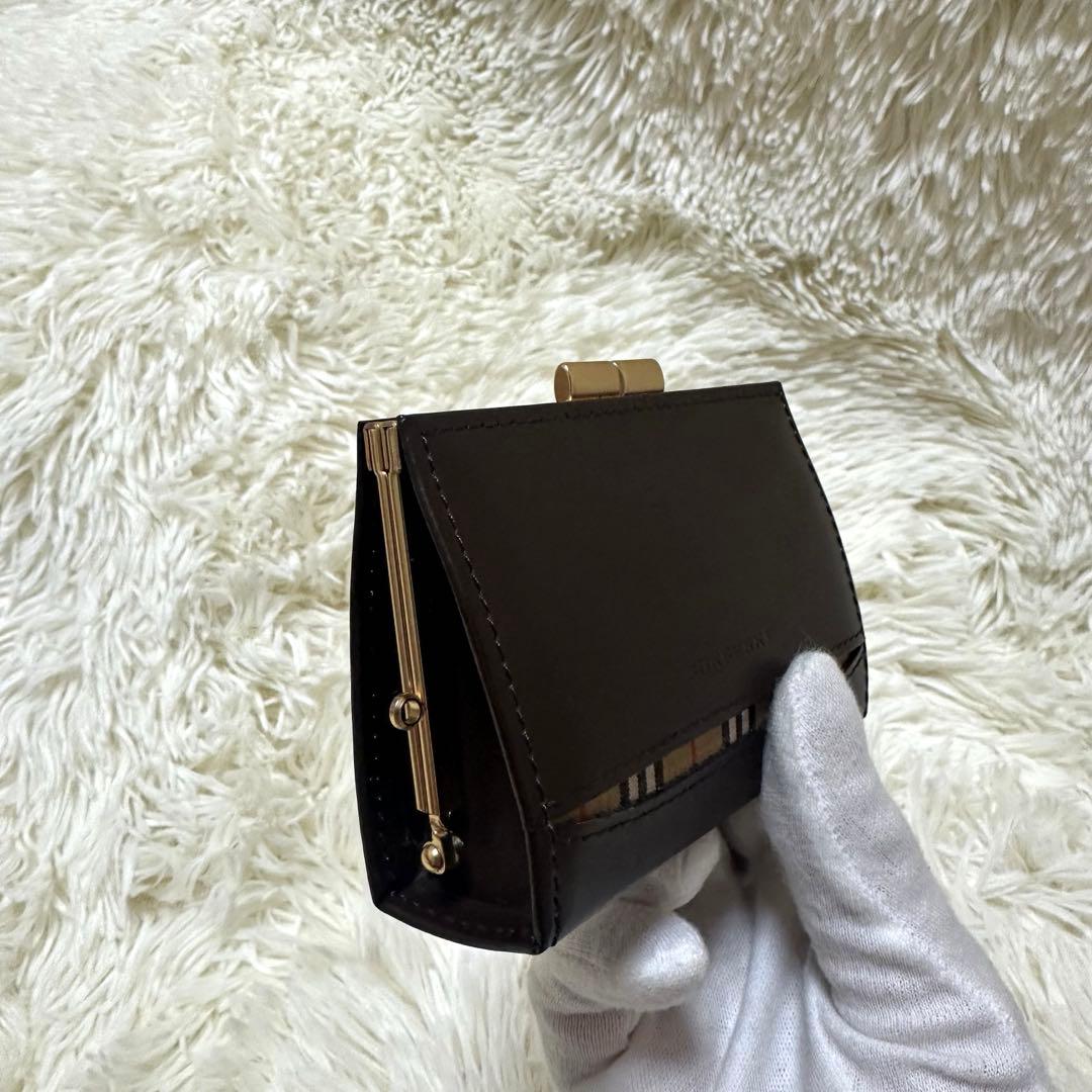 未使用に近い　バーバリー　がま口レザーケース 内側ノバチェック　ブラウン