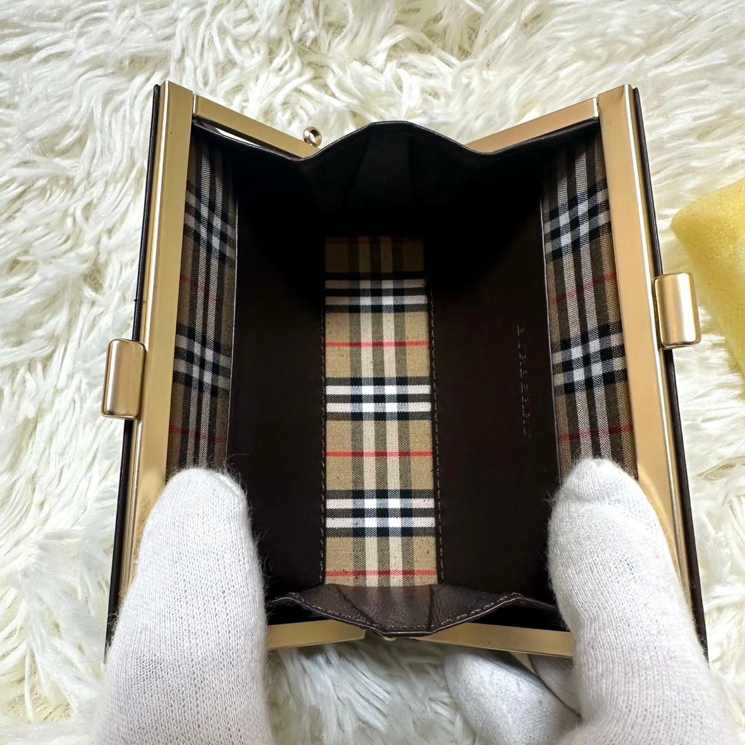 未使用に近い　バーバリー　がま口レザーケース 内側ノバチェック　ブラウン