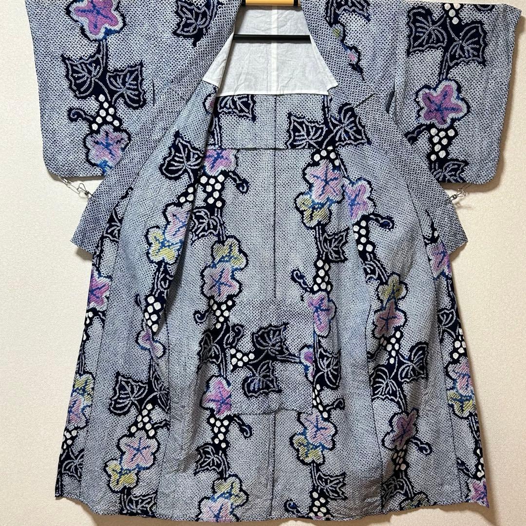 有松鳴海絞り　浴衣　葡萄　蔦の葉　裄66.5 紺　高級　洗える夏着物【Ａ5】