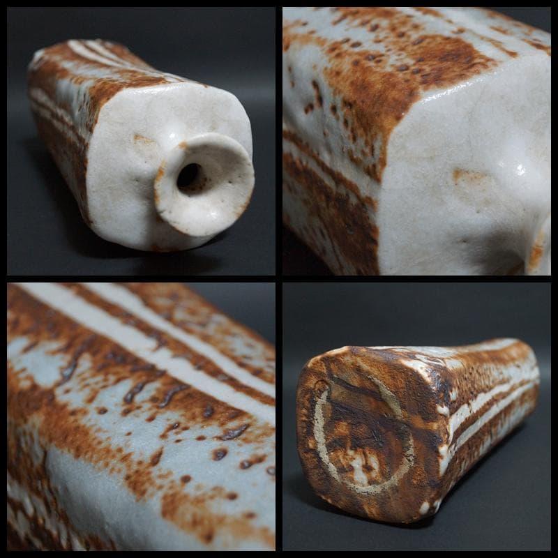 茶道具 二代 加藤春鼎 (造) 鼠志野 大型造形面取花入 花瓶 花器高32㎝共箱