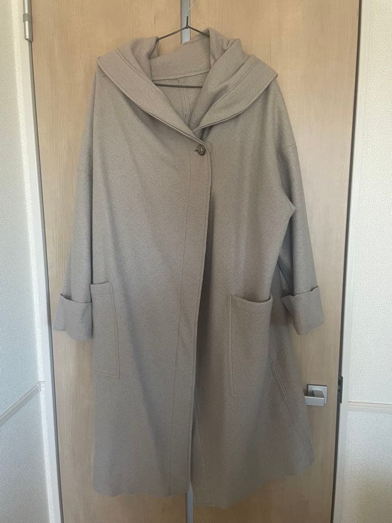 denierベージュ系 フード付きロングコート