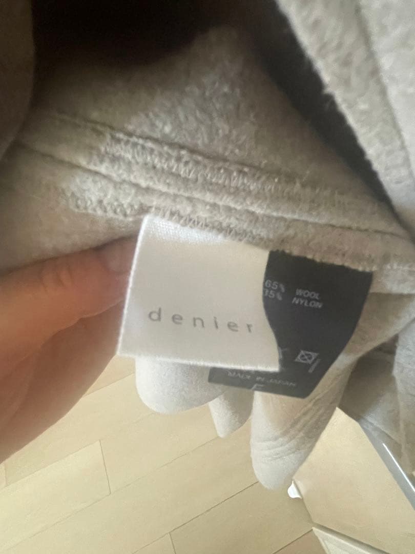 denierベージュ系 フード付きロングコート