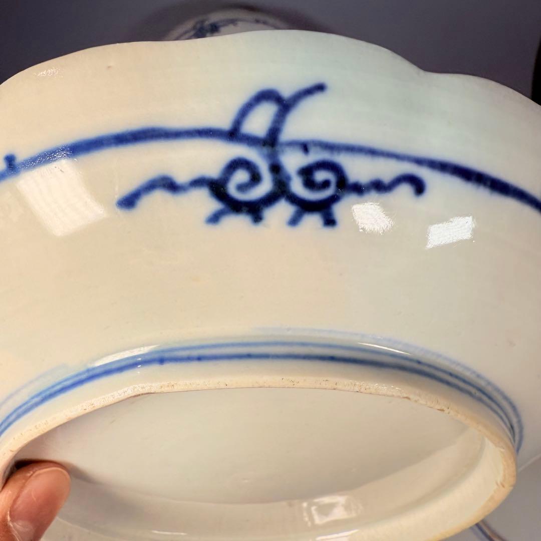 豪商家特注品　古伊万里　染錦風景画輪花型七寸皿　五客　直径21.5㎝