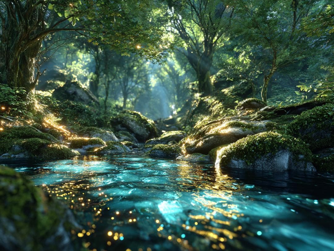 445【神霊山水・神宿り】清らかな森と水の浄化・癒やしの光【神仏画・風景画】