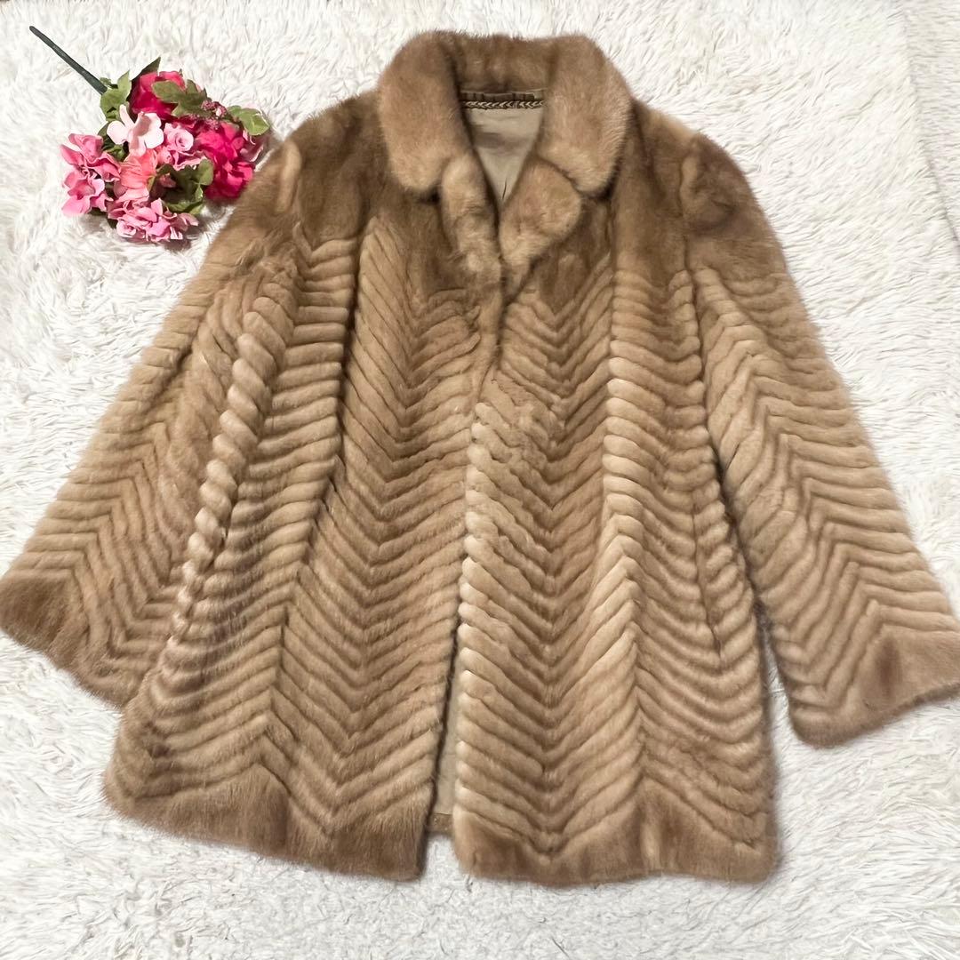 【SALE】高級ミンクファーコート　ベージュ　ヘリンボーン　リアルファーコート