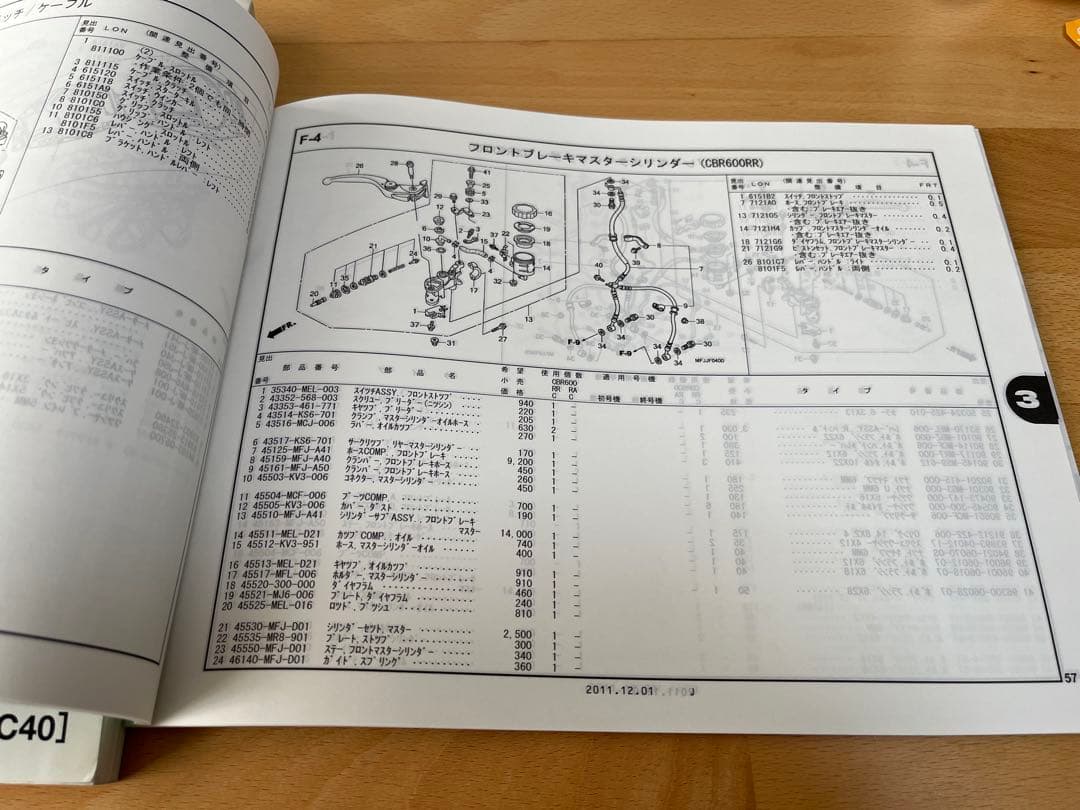 ホンダ　CBR600RR PC40 サービスマニュアル　パーツリスト