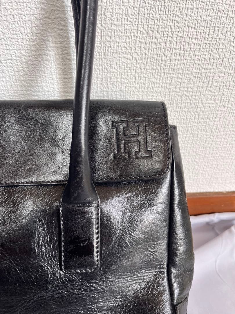 美品 HIROFU ヒロフ 高級牛革 Hロゴ 型押しトートバッグ ブラック