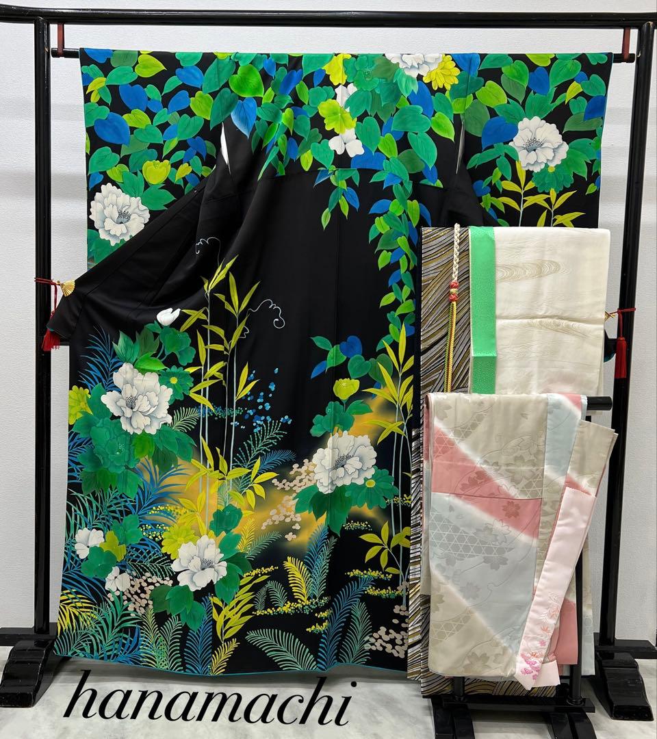 振り袖　フルセット　別誂長襦袢付　珍品　個性的　黒地　パーティー　結婚式　697