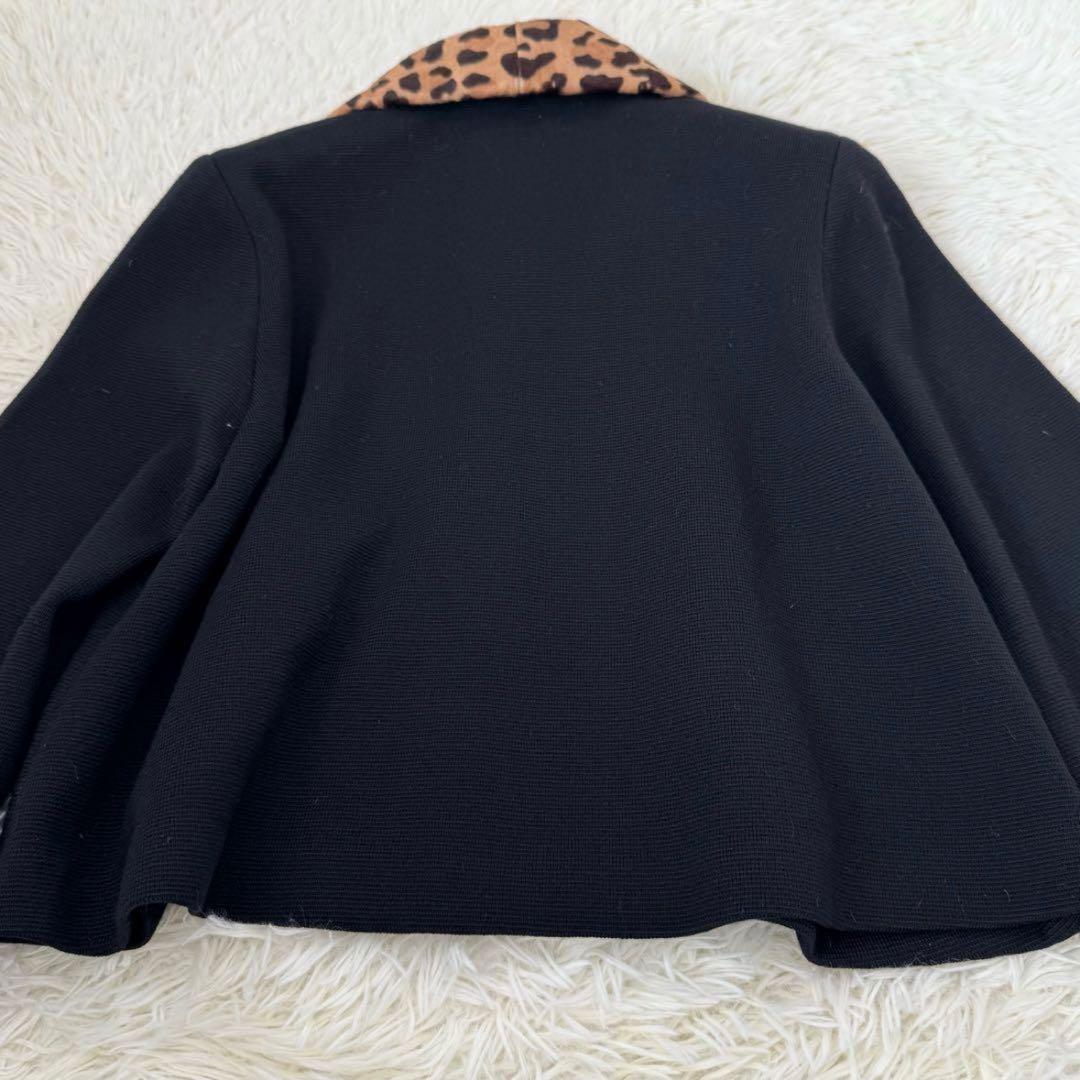 フォクシー レオパード付け襟 ニットカーディガン 38 ウール 毛皮 ブラック