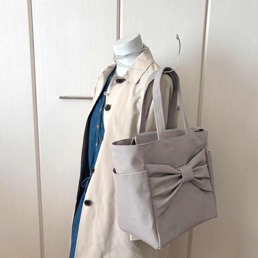 【ぽの】大きなリボンのサイドポケット付きトートバッグL 倉敷8号帆布