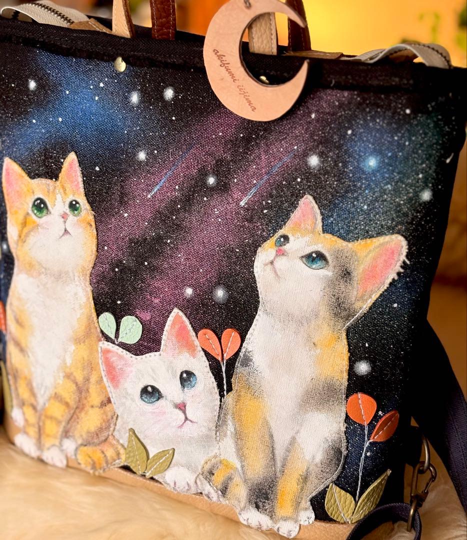 (手づくり)\"おしゃべりな夜空\"ネコたちのリュックショルダートートバッグ