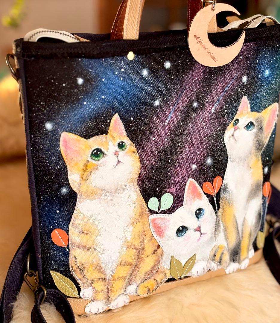 (手づくり)\"おしゃべりな夜空\"ネコたちのリュックショルダートートバッグ