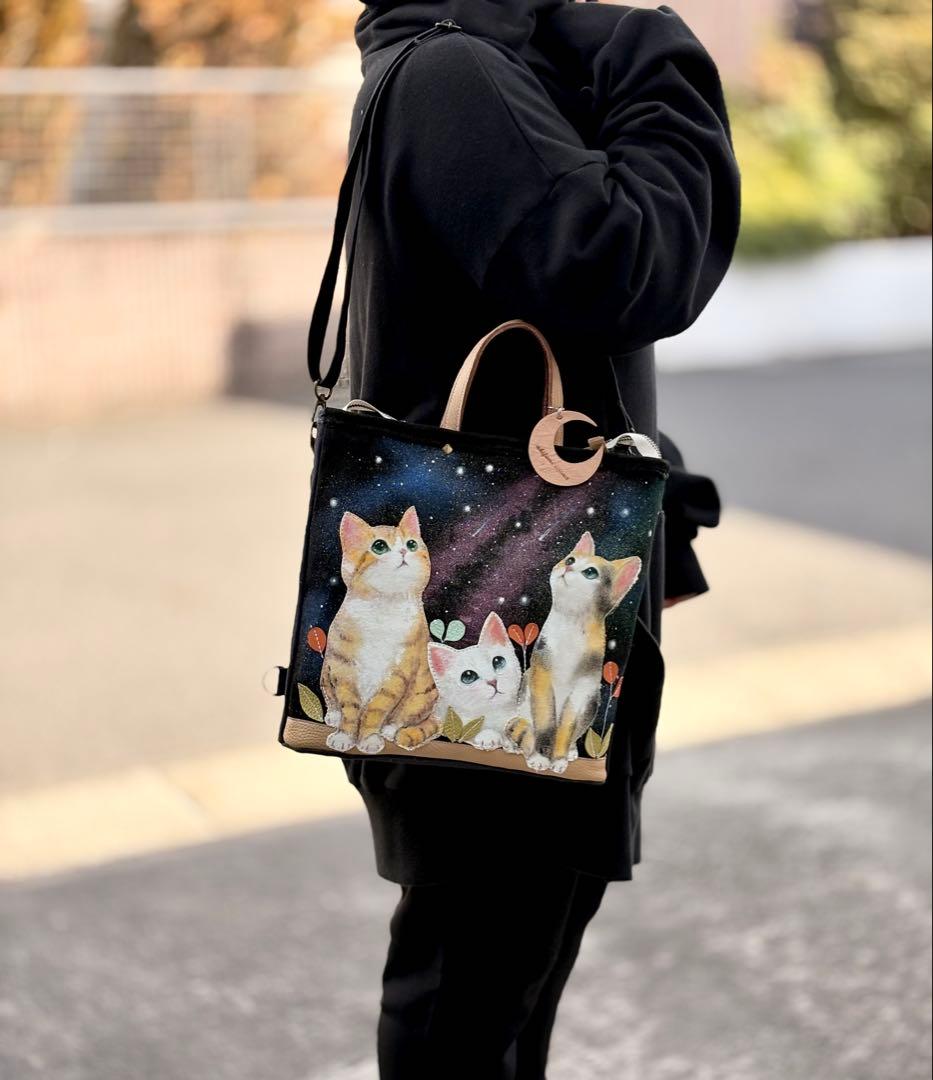 (手づくり)\"おしゃべりな夜空\"ネコたちのリュックショルダートートバッグ