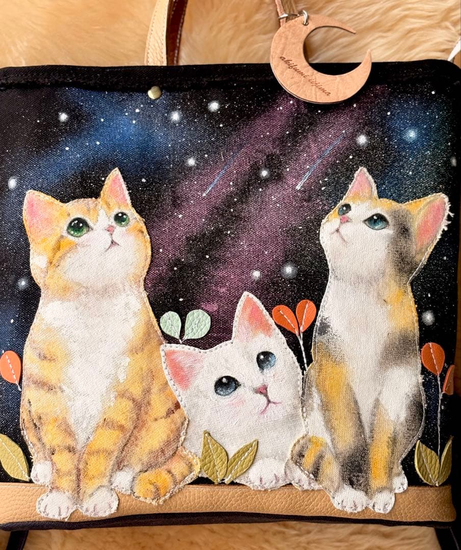(手づくり)\"おしゃべりな夜空\"ネコたちのリュックショルダートートバッグ