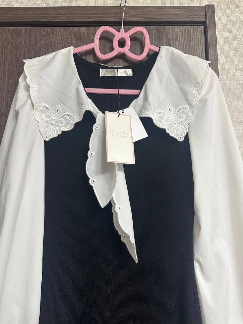 LILLIAN CARAT エンブロイダリーカラーニットドッキングワンピース