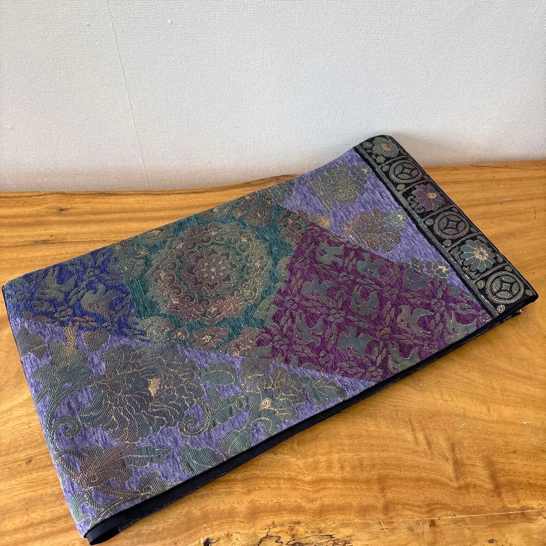 袋帯 花柄 紫 緑　華天　鵞絨　莫臥児