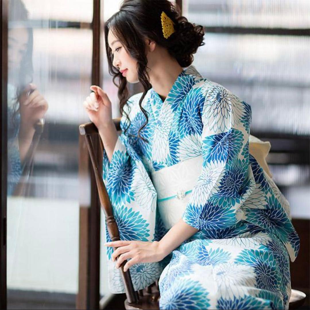 レディース 浴衣セット 浴衣3点セット（浴衣＋帯+下駄）ブルー丸菊　単衣帯