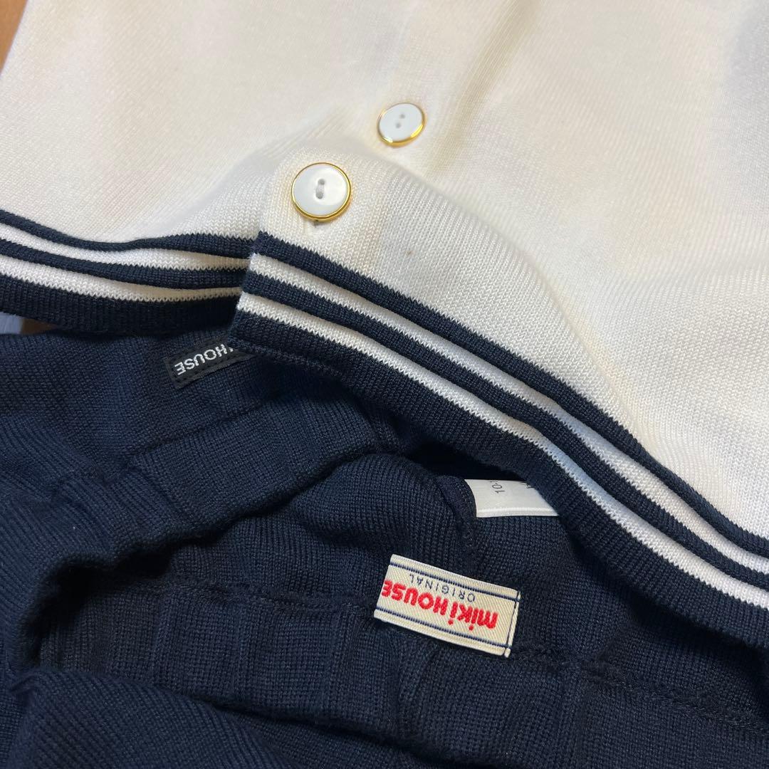 新品タグ付き　ミキハウス　定番の白×紺セーラーニットフォーマルセットアップ110