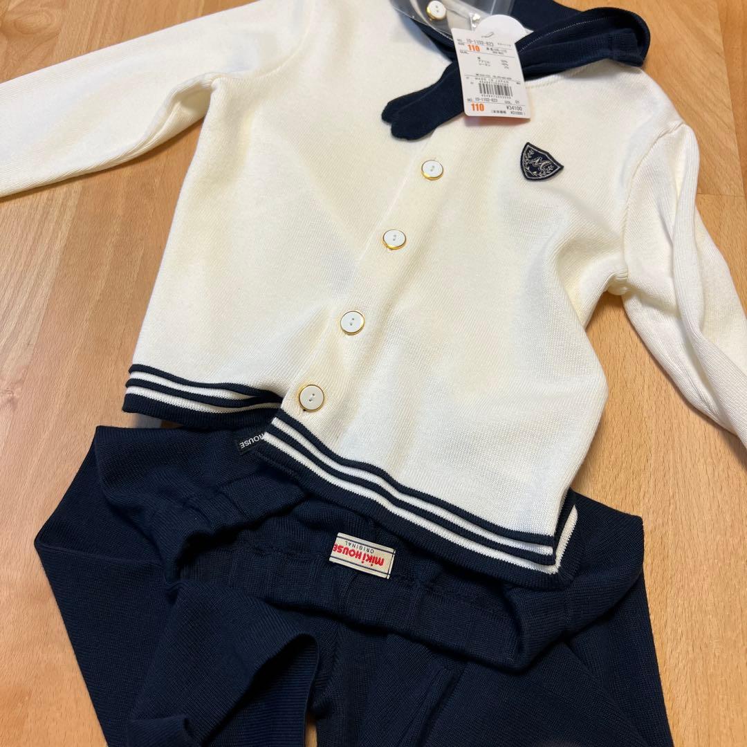 新品タグ付き　ミキハウス　定番の白×紺セーラーニットフォーマルセットアップ110
