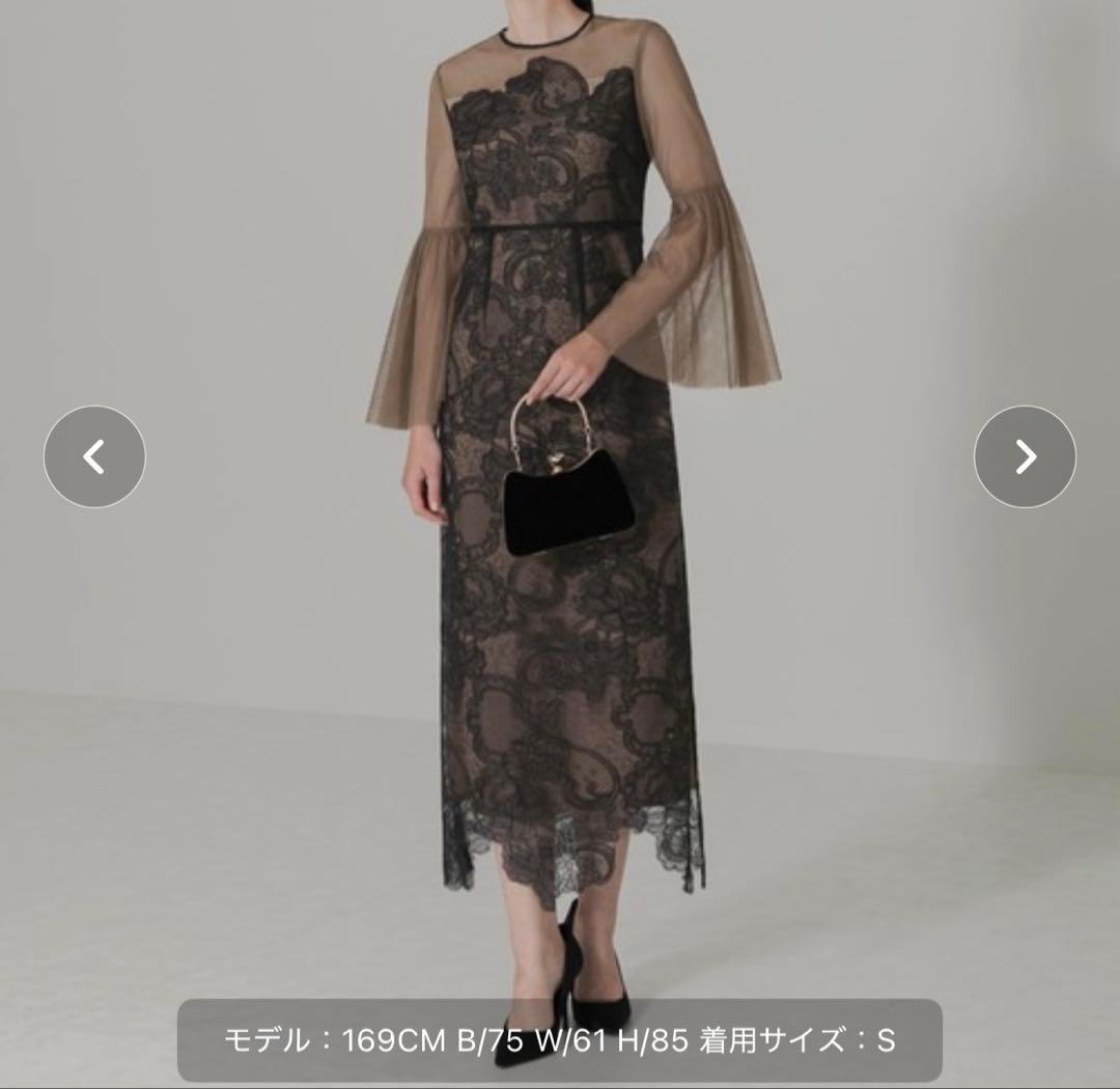 LEJA 異素材シアー刺繍レース透け感プリーツスリーブロング丈ドレスワンピースM