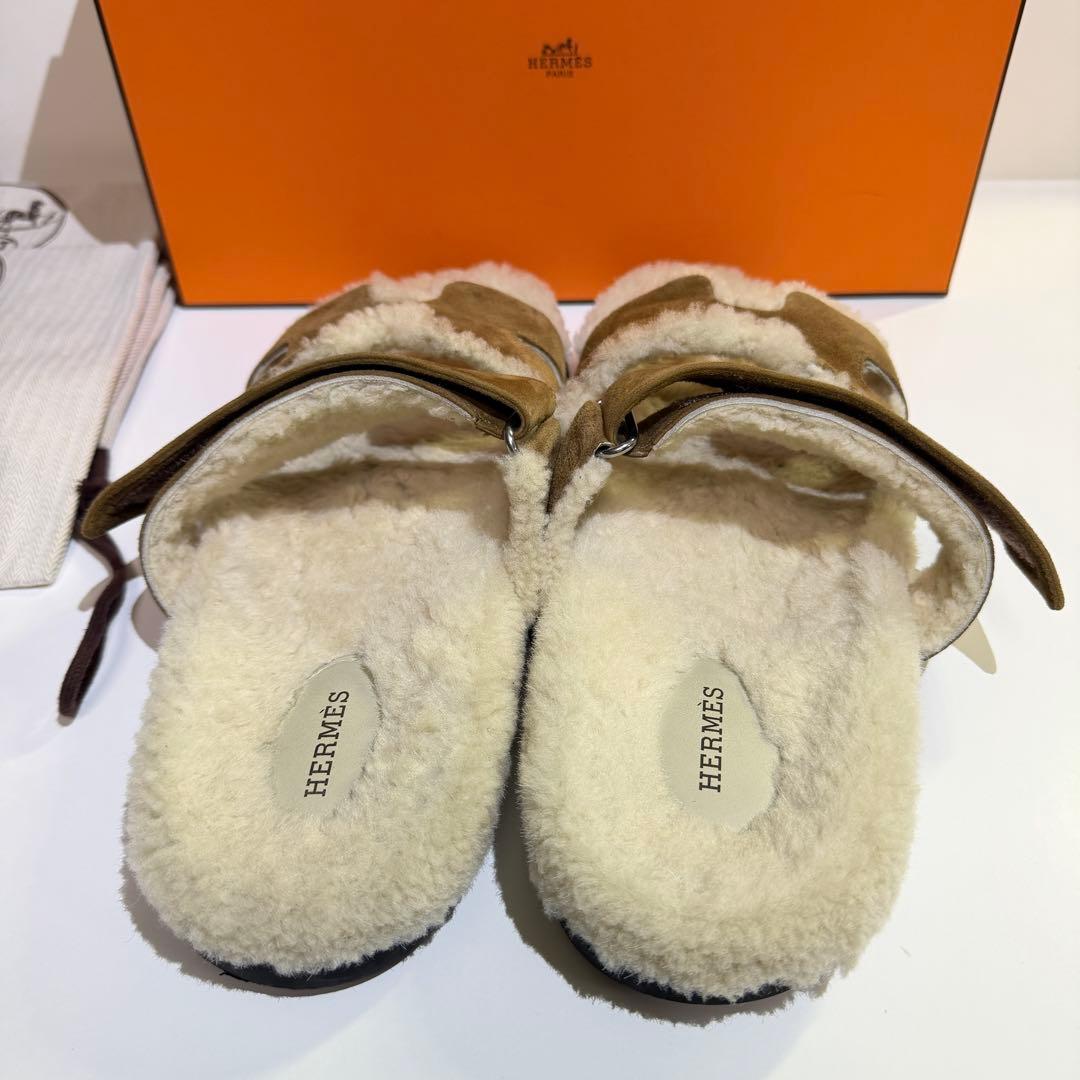 エルメス HERMES ムートンサンダル 茶　シプレ　43