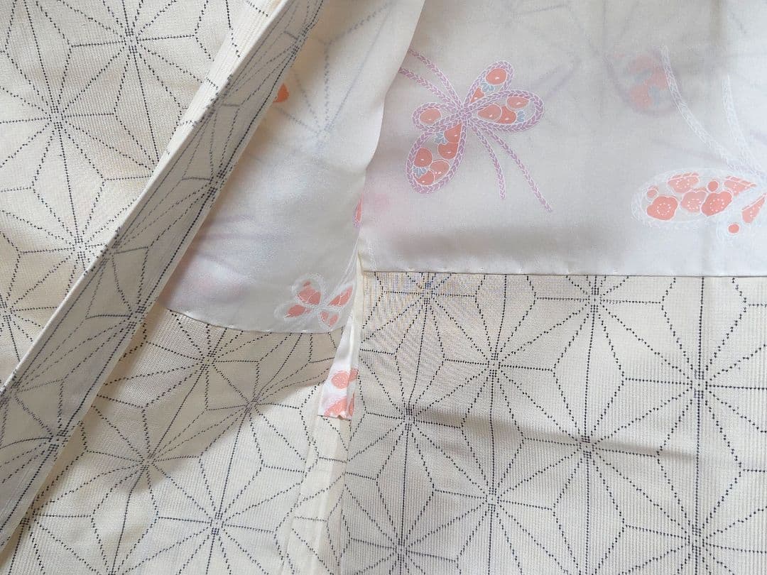 C◆着物くつろぎ 白大島紬 アンサンブル 着物羽織セット 麻の葉 袷 正絹 着物