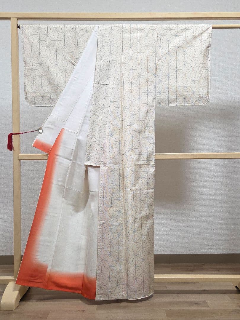 C◆着物くつろぎ 白大島紬 アンサンブル 着物羽織セット 麻の葉 袷 正絹 着物