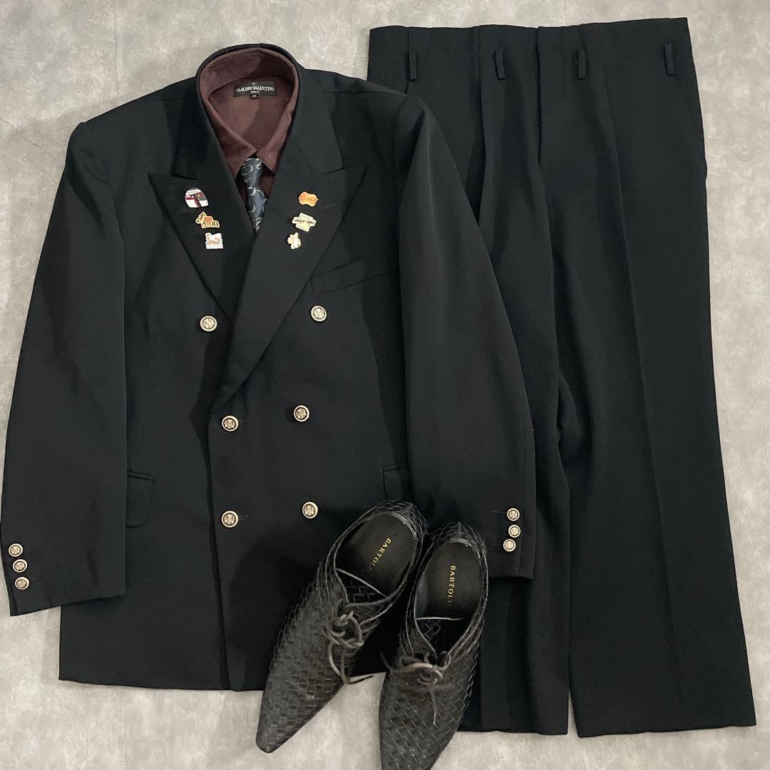 極上 漆黒ウール 黒金ボタン ダブルスーツ saint Laurentネクタイ