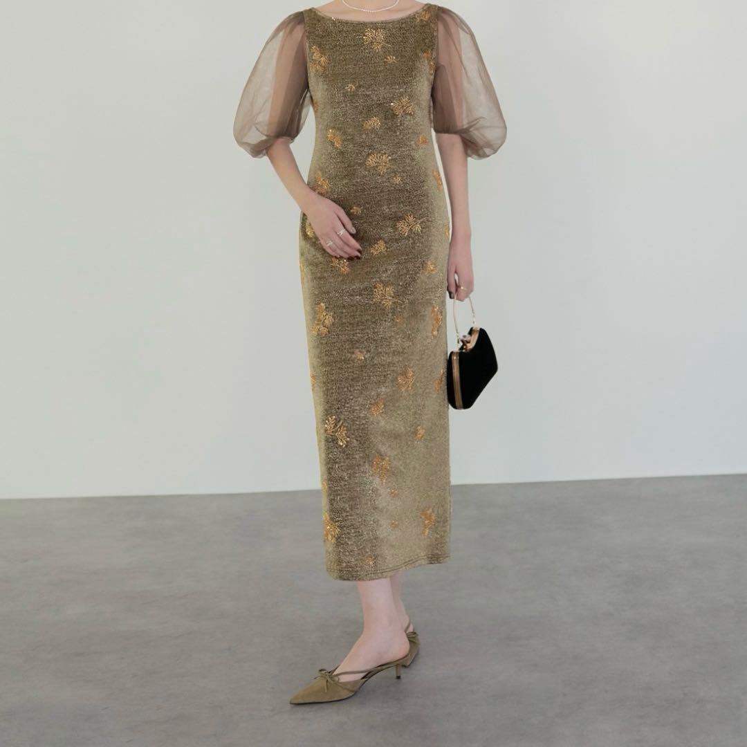 【LEJA】シアーパフスリーブグリッターIラインドレスワンピース