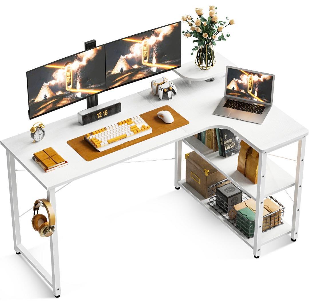 L字型ホワイトパソコンデスク(右棚)