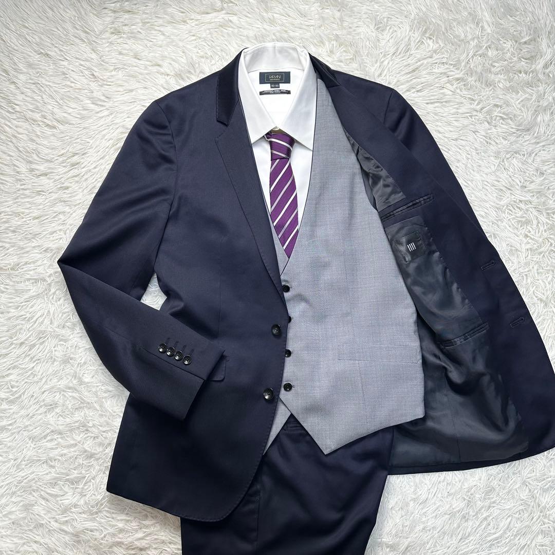 極美品 スーツセレクト 3ピース シルク混 光沢 リバーシブルジレネイビー A6