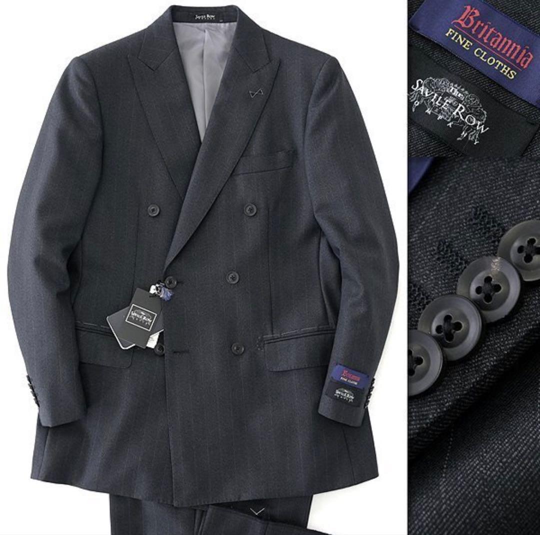 【新品】サヴィルロウ 英国 カルゼ ストライプ ダブル スーツ YA7 灰