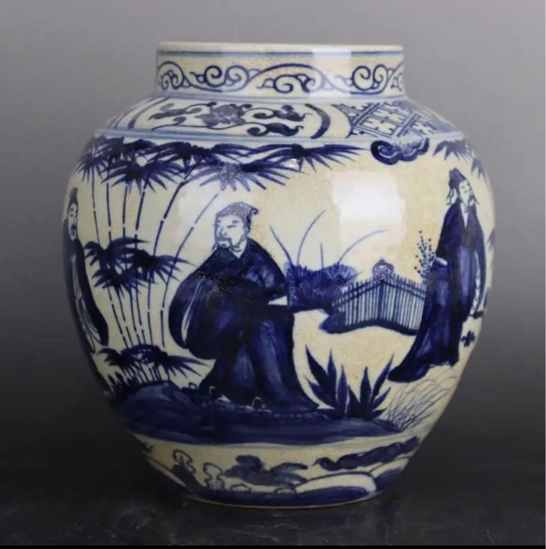 大明嘉靖年製 青花瓷 鯖竹林七賢人物缶陶磁器 美術品 置物 y605