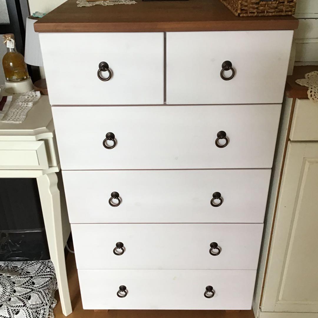 フレンチカントリー ホワイト木製チェスト 6引き出し 5段 ツートン