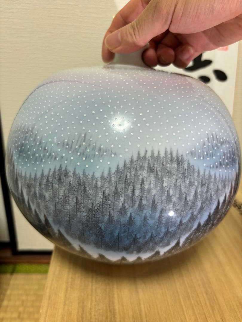 藤井朱明 壺 飾り壺 花器 日展人気作家 朝日雪景色 花瓶 人間国宝 共箱付