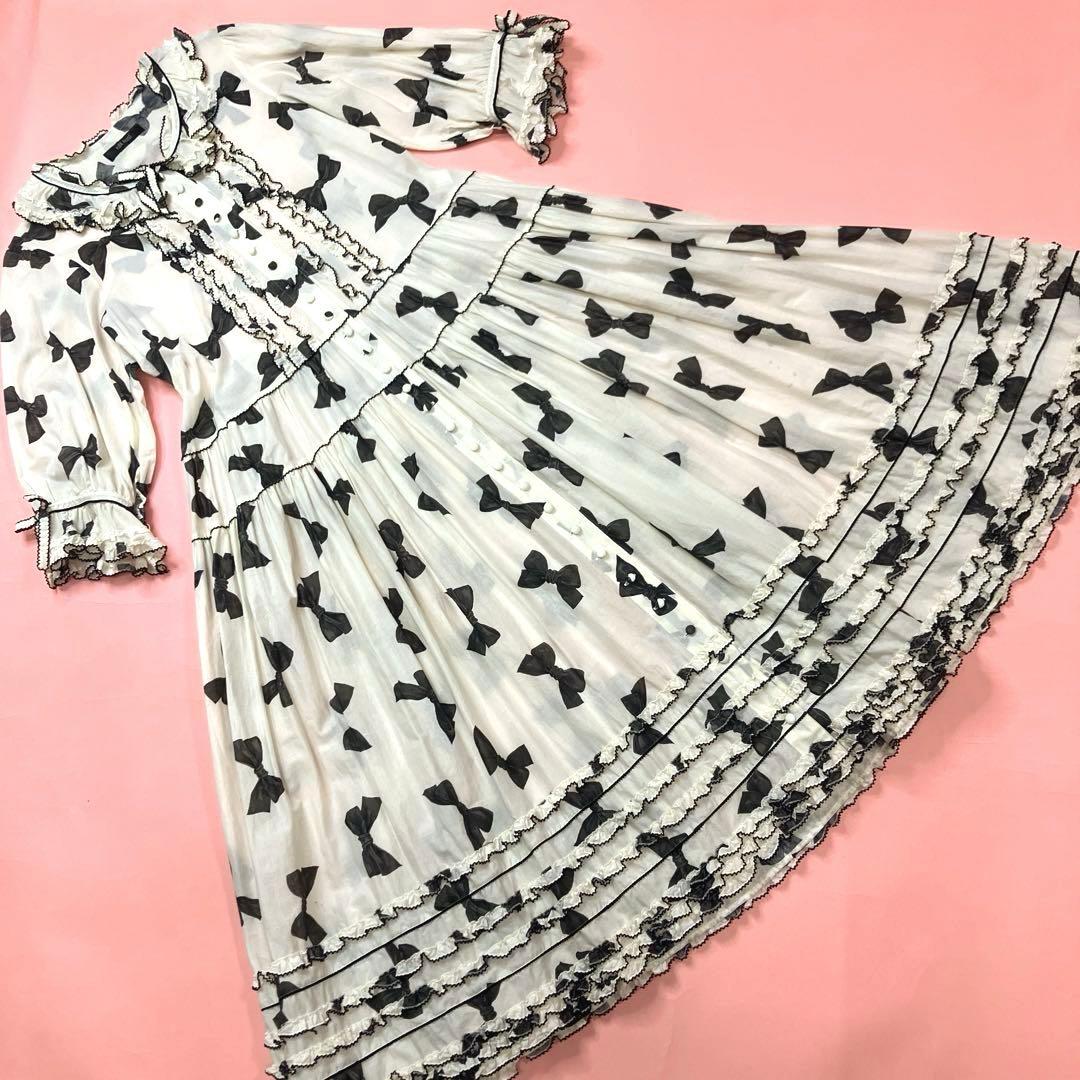 ピンクハウス アイボリー リボン柄 ピコフリル使い 豪華ワンピース/2023年