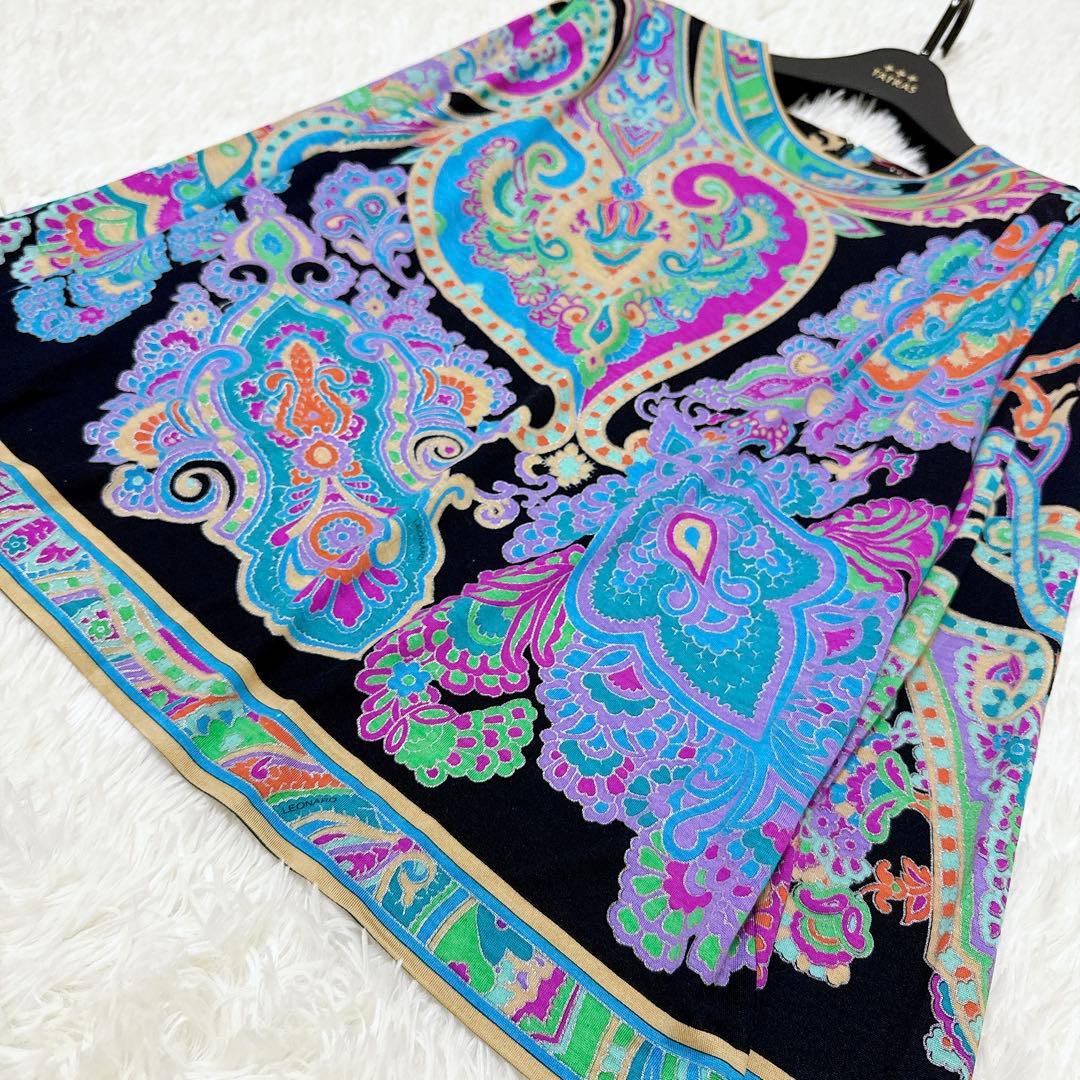 レオナール　カットソー　大きいサイズLL ペイズリー　トリム　ブラック　シルク混