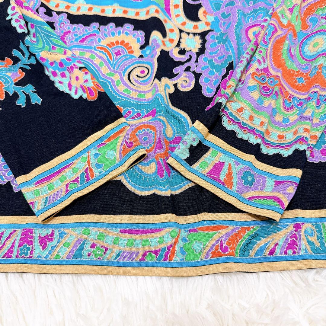 レオナール　カットソー　大きいサイズLL ペイズリー　トリム　ブラック　シルク混