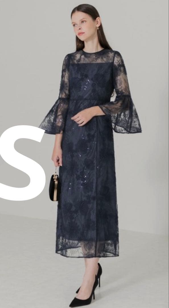 パーティドレス　結婚式　披露宴　スパンコール　レディース　S ネイビー