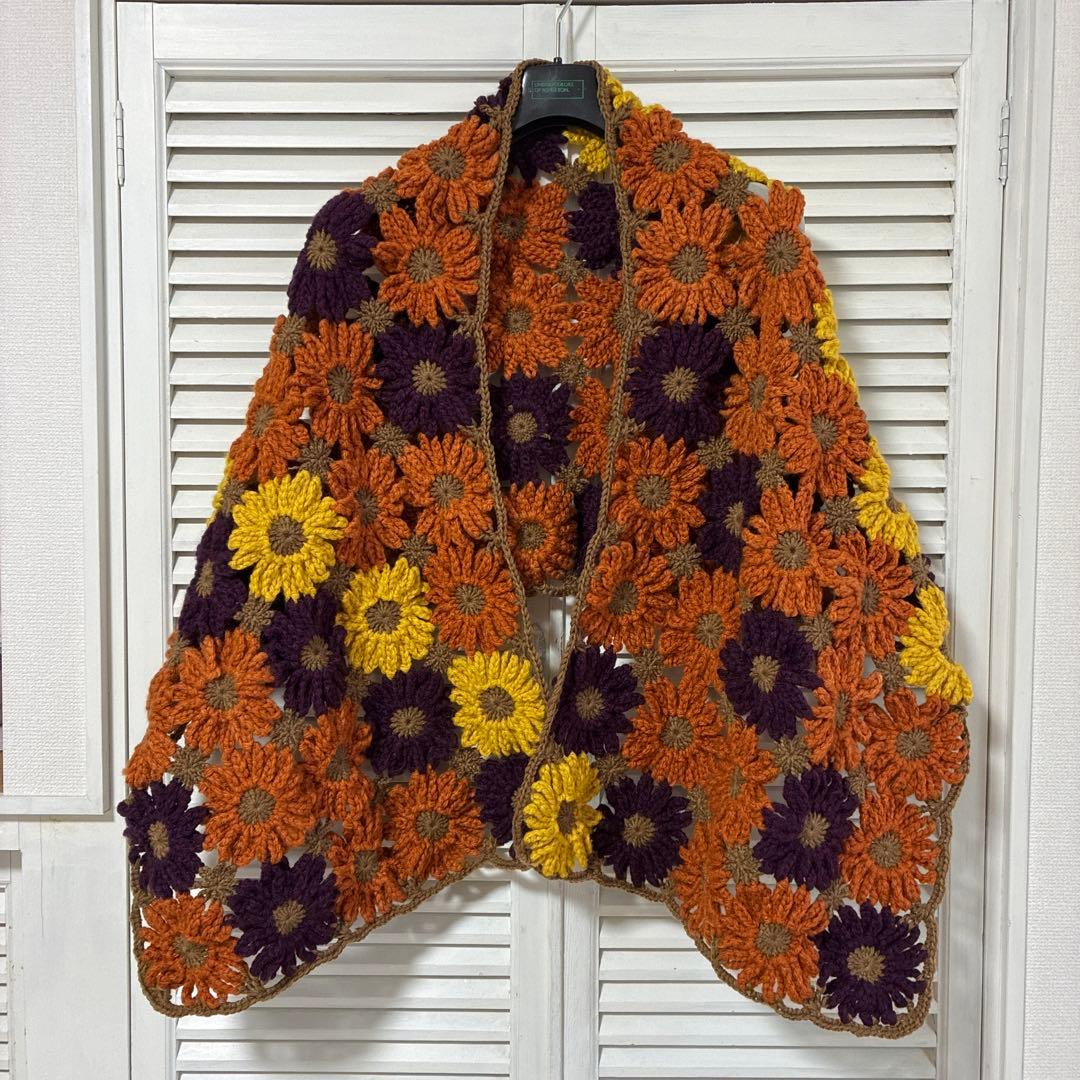 花モチーフオレンジ 紫 黄色 ショール、ひざ掛け