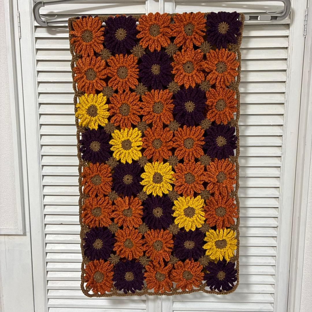 花モチーフオレンジ 紫 黄色 ショール、ひざ掛け