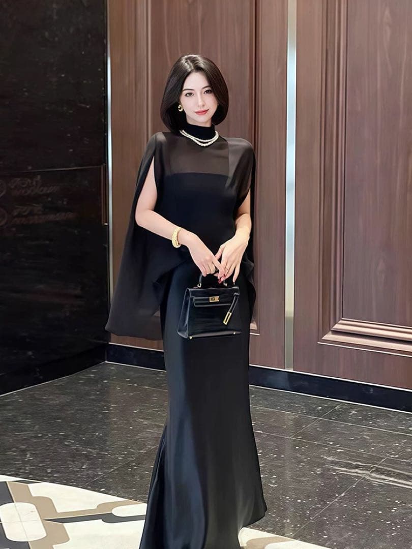 ケープドレス フォーマル シースルー ロング パーティー 結婚式 お呼ばれ