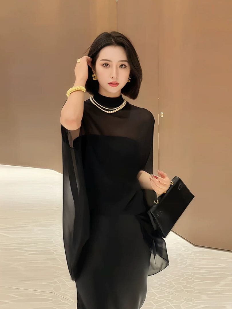 ケープドレス フォーマル シースルー ロング パーティー 結婚式 お呼ばれ