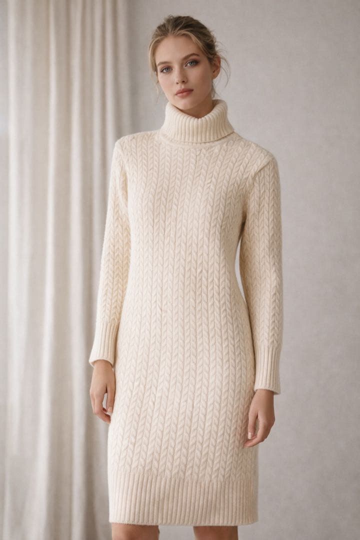 可愛い♡ルネ ウールカシミヤ ケーブルニットワンピース タートルネック リブ S