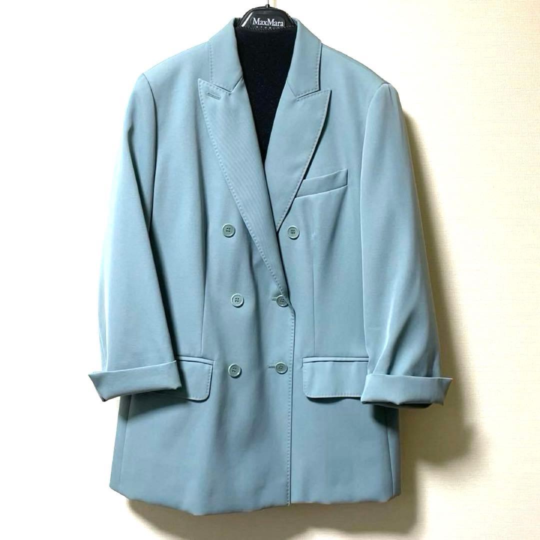 MaxMara 白タグ ブルー46 ダブルブレスト テーラード ロールアップ